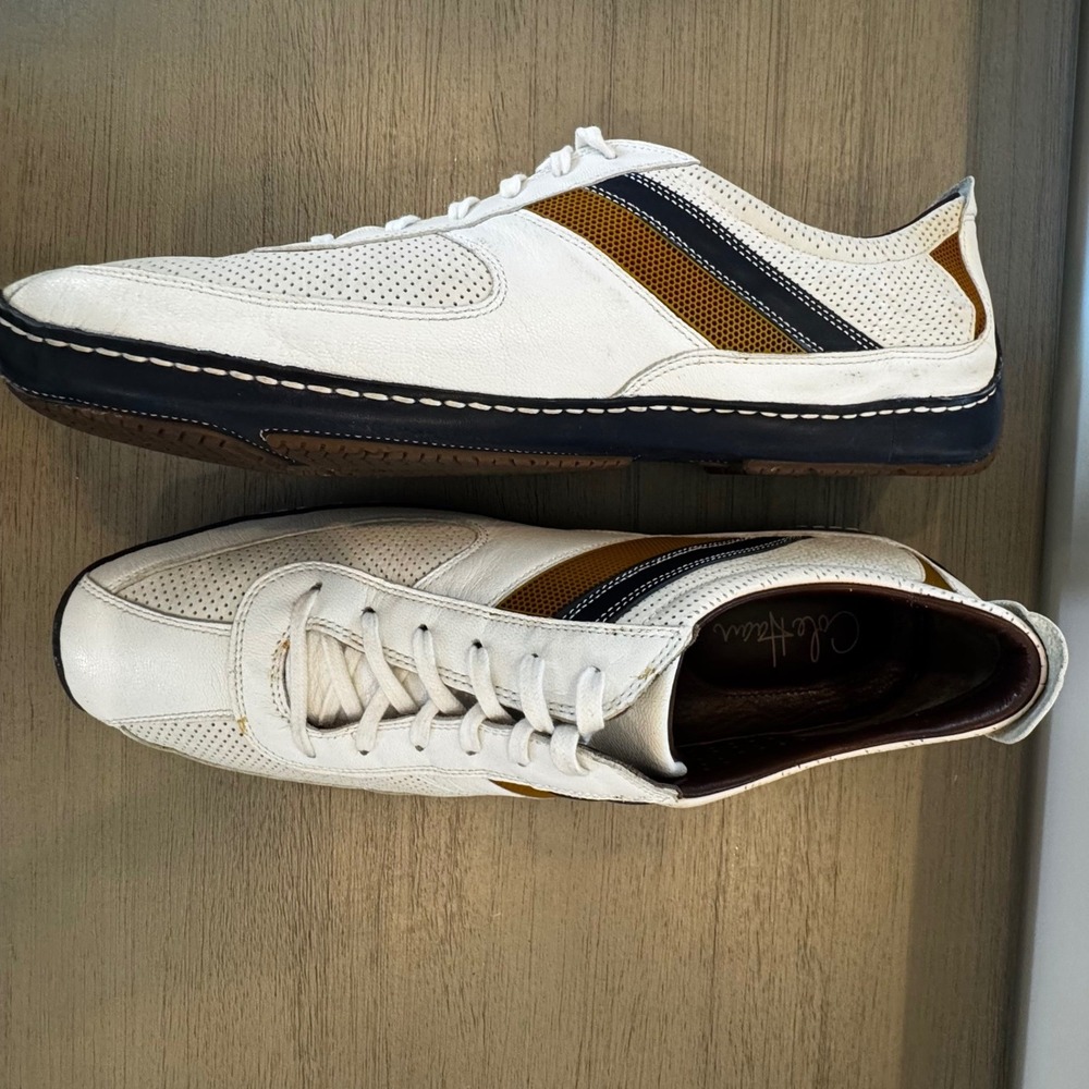 Cole Haan Men 13 White Perforated Leather Driving Sneaker Navy Tan Accents